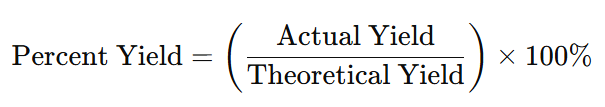 Formula for percent yield showing Percent Yield = (Actual Yield ÷ Theoretical Yield) × 100%."