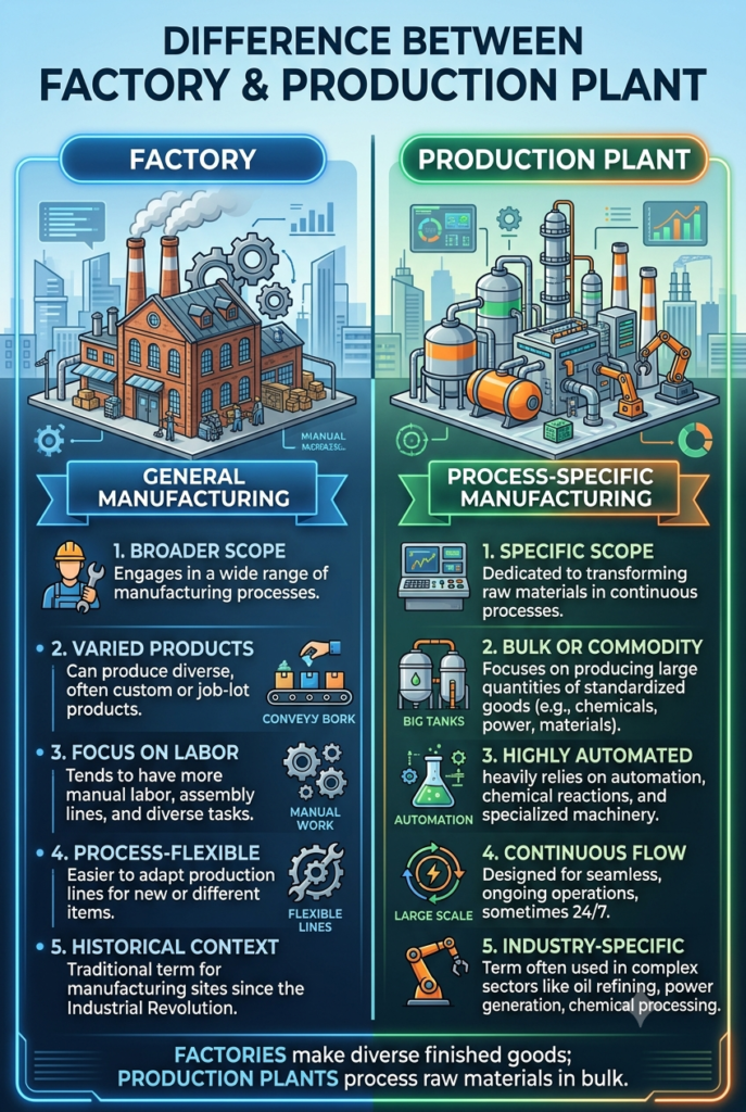 difference between factory and production plant