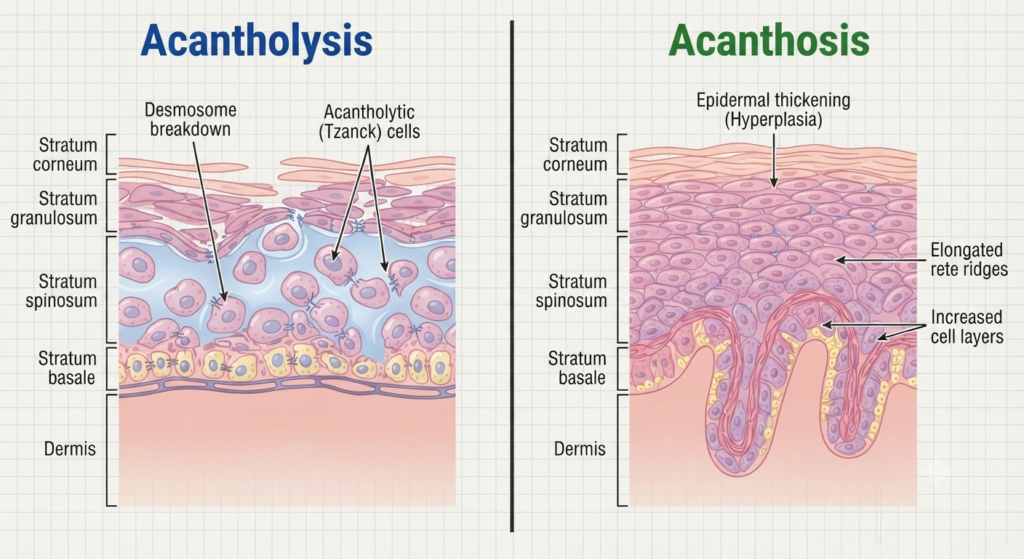 Acantholysis vs. Acanthosis